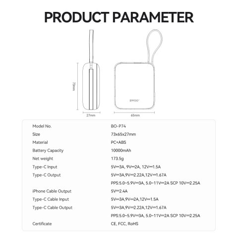 BWOO power bank P73 22.5W 10000 mAh z 2 wbudowanymi kablami 1 x USB-C 1 x Lightning srebrny