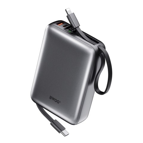 BWOO power bank P74 22.5W 20000 mAh z 2 wbudowanymi kablami 1 x USB-C 1 x Lightning srebrny