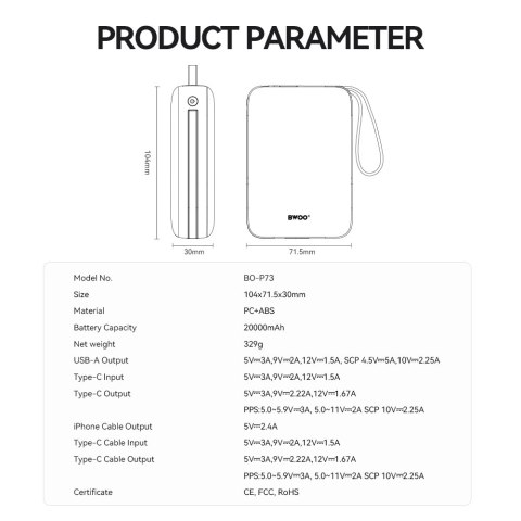 BWOO power bank P74 22.5W 20000 mAh z 2 wbudowanymi kablami 1 x USB-C 1 x Lightning srebrny