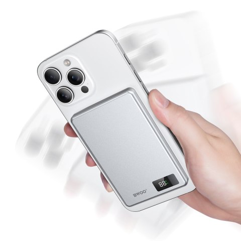 BWOO power bank magnetyczny P75 PD 20W 5000 mAh z wyświetlaczem i portem USB-C srebrny