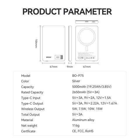 BWOO power bank magnetyczny P75 PD 20W 5000 mAh z wyświetlaczem i portem USB-C srebrny