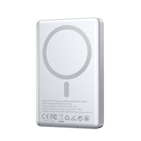 BWOO power bank magnetyczny P76 PD 20W 10000 mAh z wyświetlaczem i portem USB-C srebrny