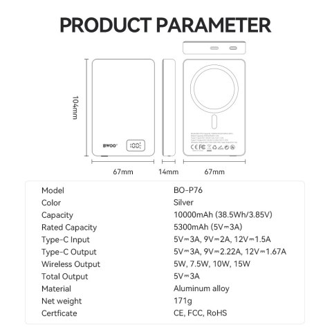 BWOO power bank magnetyczny P76 PD 20W 10000 mAh z wyświetlaczem i portem USB-C srebrny