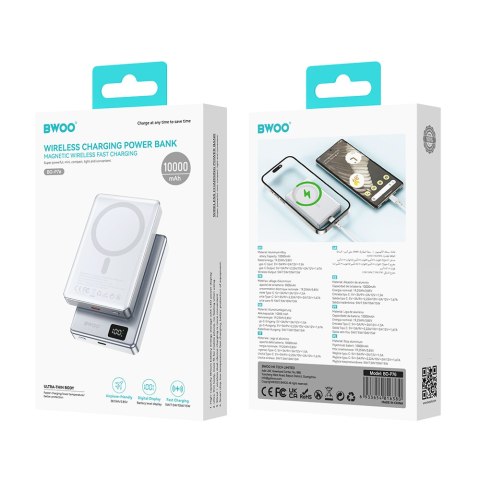 BWOO power bank magnetyczny P76 PD 20W 10000 mAh z wyświetlaczem i portem USB-C srebrny