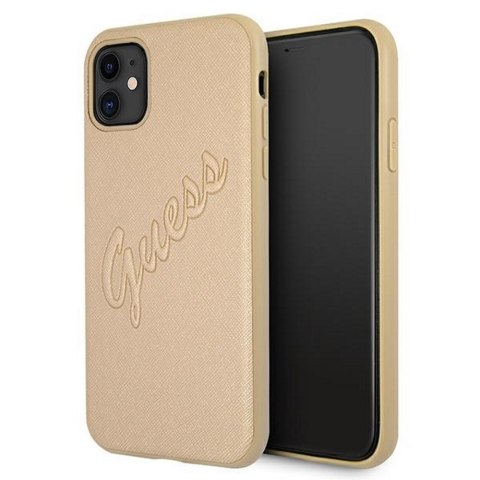 Guess nakładka do iPhone 12 Pro Max 6,7" GUHCP12LRSAVSLG złota hard case Saffiano Vintage Script