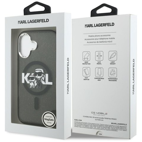 Karl Lagerfeld nakładka Magsafe IML glitter case metal camera frame and buttons Karl and Choupette sketch logo do iPhone 17 tran